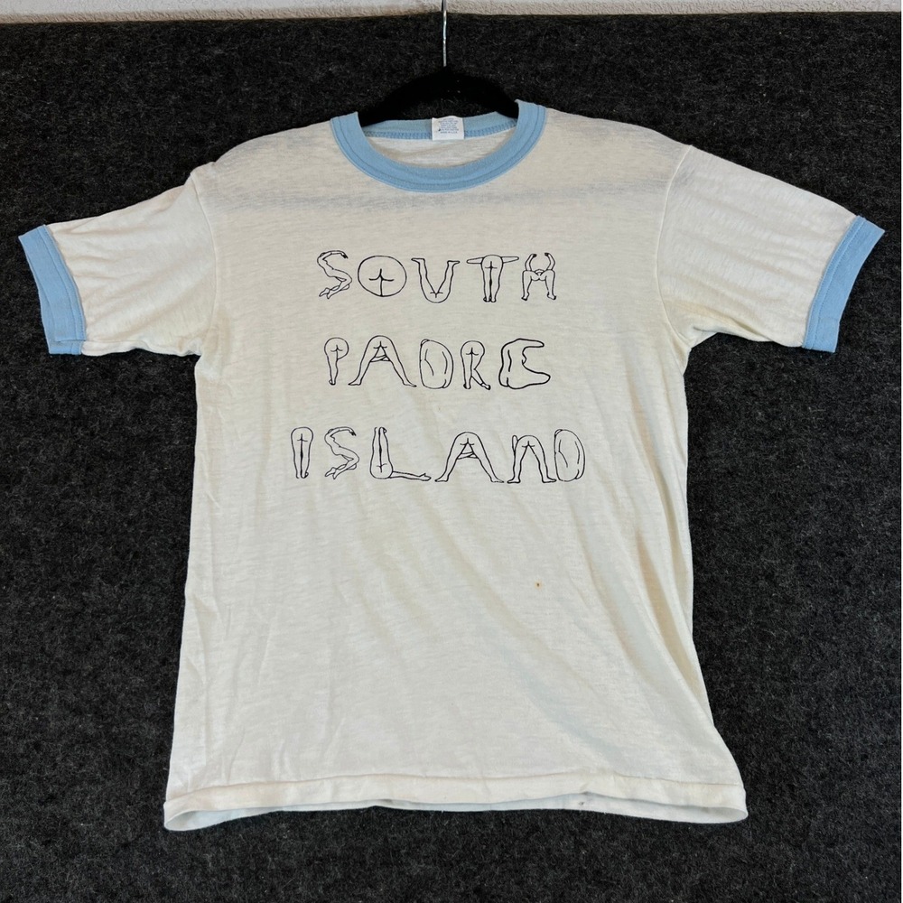 Vintage 80s South Padre Island Ringer Shirt Mens Small White Paperthin Retro